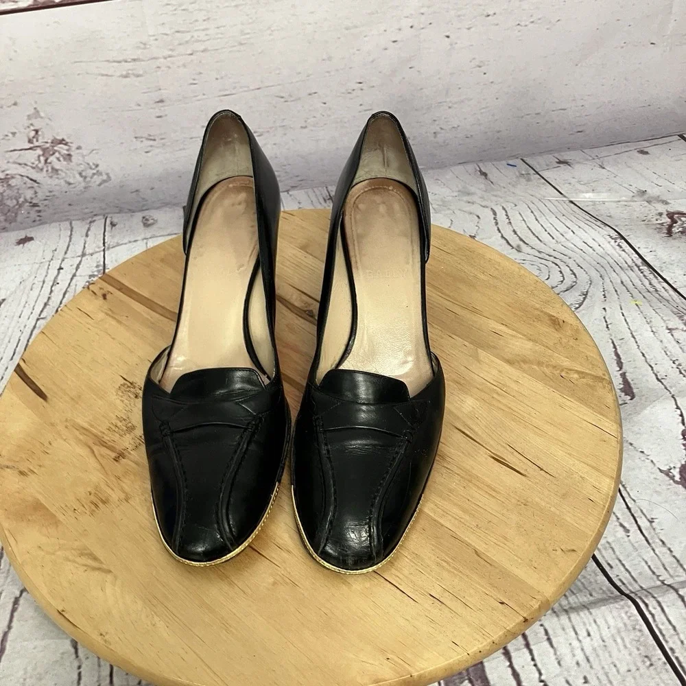 Bally Leather Block Heel Pumps Black Gold Trim Womens 7.5 US‎ 38 EU Italy